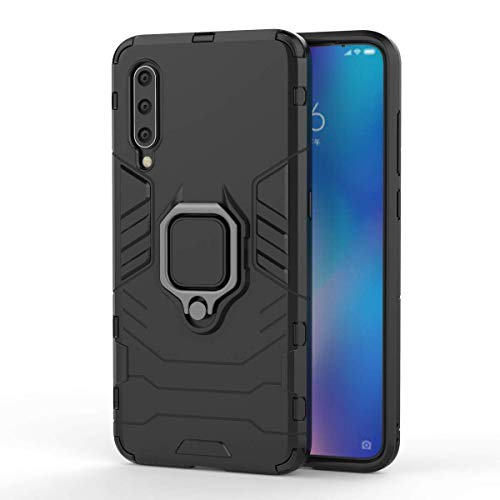 Phone Case for Xiaomi Mi 9 with Tempered Glass Screen Protector Cover and Magnetic Ring Holder Stand Kickstand Slim Hard Cell Accessories Xiami Mi9 Rubber Men Boys Women Girls Dual Layer Cases Black