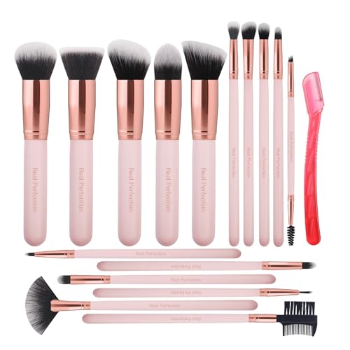 Real Perfection Makeup Brush Set 16 Pcs with 1 Eyebrow Razor Premium Synthetic Foundation Powder Concealers Eyeshadow Blush Makeup Brushes Make up Brushes Kit (Pink)