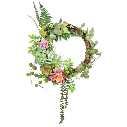 Beinhome 16 inch Succulent Wreath for Front Door, Boho Wreath Artificial Multicolor Succulent Arrangement Decor Spring Wreath Summer Wreaths All Season Door Wreath for Wall and Home Decoration