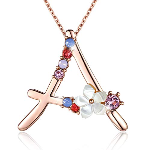 Flower Initial Letter Necklace, Pink Red Blue Simulated Pearl Pendant Name Jewelry Made with Austrian Crystals Rose Gold Plated Anniversary Birthday Gifts for Women,18"+2" (A)