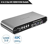 Terived 4 Computers 2 Monitors USB 3.0 HDMI KVM Switch 4K@60Hz with Hotkey Switching, Automatic Switching 4 Port Dual Monitor, Aluminum, Digital Display, USB 3.0 Audio/Mic, EDID, HDR10 with Cables