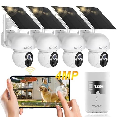 4MP PTZ Solar Security Camera Outdoor, 4pcs Wireless Security Camera System with 128GB Card, Pan/Tilt/Zoom, PIR Detection, 2-Way Audio, Audible Flashlight Alarm, IP66 Waterproof, Two Ways of Storage