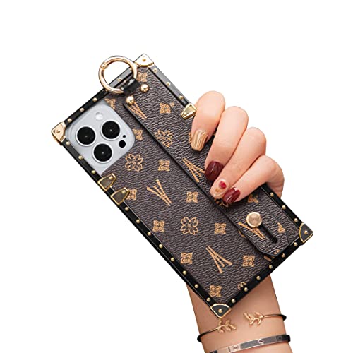 Rectangle Designer Luxury Case for iPhone 12 pro max Leather with Wristband Strap Hand Holder Ring Kickstand Silicone Shockproof Protective Bumper Trunk Box for Women Girls (Brown, iphone 12 Pro Max)