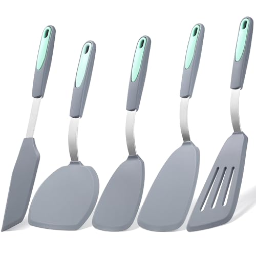 To encounter 5 Pieces Silicone Spatula Set, Non-Stick Silicone Turner Spatulas, Heat Resistance Cooking Utensils, Flip Turner for Fish, Egg, Pancake, Light Grey