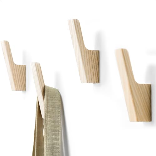 Wall Hooks - Set of 4 - Dark Walnut or Light Ash Wood Coat Hooks for Hanging Hat, Purse, Backpack, Bag, Jacket. Modern Farmhouse Decor for Wall and Practical Entryway Hooks (Ash Wood)