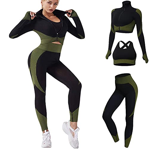 Veriliss Women's 3pcs Seamless Outfits Workout Sets,Gym Clothes Yoga Sportswear Leggings and Stretch Sports Bra Gym jumpsuits Clothes Set (BlackGreen, M)