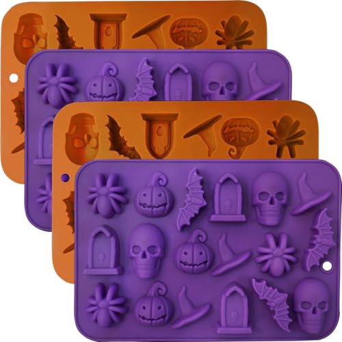 Halloween Molds Silicone for Chocolate 4 Pack, 3D Halloween Chocolate Candy Gummy Mold Skull Pumpkin Bat Ghost Witch Hat Spider tombstone Shapes Mold