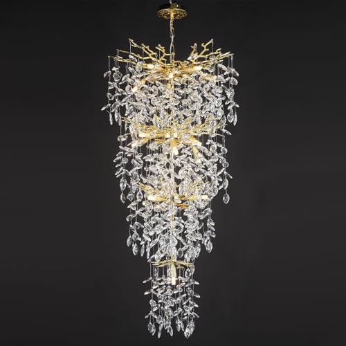 YUYI 105'' Long Crystal Chandelier for High Ceilings, 25-Light Modern Gold Tree Branch Chandelier, Large Chandeliers for Staircase Foyer Entryway Living Room, 4-Tier Luxury K9 Raindrop Light Fixture