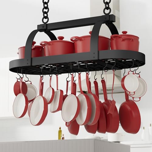 KES 48 Inch Large Hanging Pot Rack, Heavy Duty Oval Pot and Pan Hanging Rack Ceiling Mount, Pot Pan Hangers for Kitchen with 20 Hooks, Matte Black, (For 16" and 24" Stud Mount), KUR225S122-BK