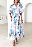 Sissyaki Women's Boho Floral Midi Dress Smocked Beach Flowy Dress Hydrangea Pink Blue Print L