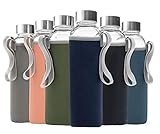 Epica glass bottles with lids – 18oz glass water bottles, reusable glass juice bottles with lids for storing juices, reusable water bottles durable & ecofriendly set of 6 with Sleeves