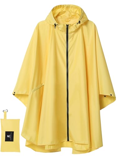 SaphiRose Unisex Rain Poncho Raincoat Hooded for Adults Women with Pockets (Yellow)