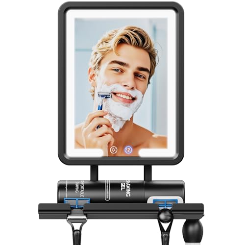 Heated Shower Mirror Fogless for Shaving 2025 New, 3 Colors Stepless Dimmable Lights Anti Fog Shower Mirror, Fog Free Mirror for Shaving with Razor Holder for Men, NO-Drilling, Removable - Black