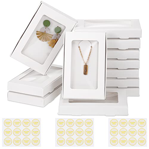 Crtiin 30 Pcs Jewelry Packaging Boxes 5.4"x3.4"x0.7" Paper Necklace Gift Box Bulk with Clear Window 30 Display Card 36 Sticker for Displaying Necklaces Rings Bracelets Earrings(White)