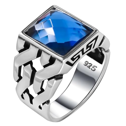 Men's Solid Genuine 925 Sterling Silver Ring with Simulated Blue Sapphire Handmade Cuban Link Chain Motif Braided Ring (Sapphire, 10)