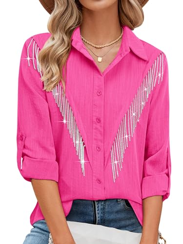 MYMORE Womens 2025 Rhinestone Fringe Shirt Blouse Western Cowgirl Sparkly Long Sleeve Diamond Sequin Tassel Button Dwon Shirt Top Nashville Country Concert Outfit Attire Hot Pink 2XL