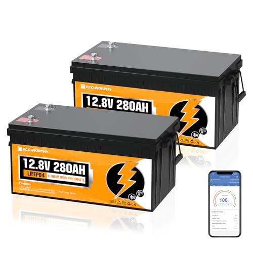 ECO-WORTHY 12V 280Ah 2 Pack LiFePO4 Lithium Battery with Bluetooth, Low-Temp Protection, 6000+ Deep Cycles, 7168Wh Energy, Support in Series/Parallel, for RV, Off-Grid, Solar Power System,UPS, Marine