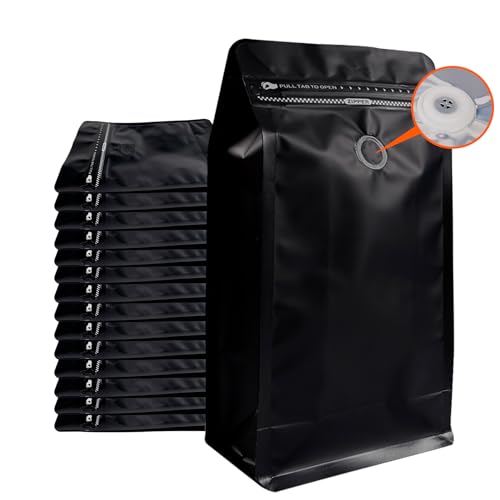 Coffee Bags with Valve (50 PCS,32oz/2lb) Black High Barrier Aluminum Foil Flat Bottom Standing Coffee Beans Storage Packaging Bags, Reusable Heat Seal Side Zipper Pouches for Small Business and Home