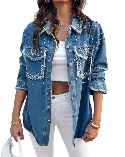 CHICME Womens Casual Denim Jacket Contrast Sequin Long Sleeve Rhinestone Denim Jackets-bl-L