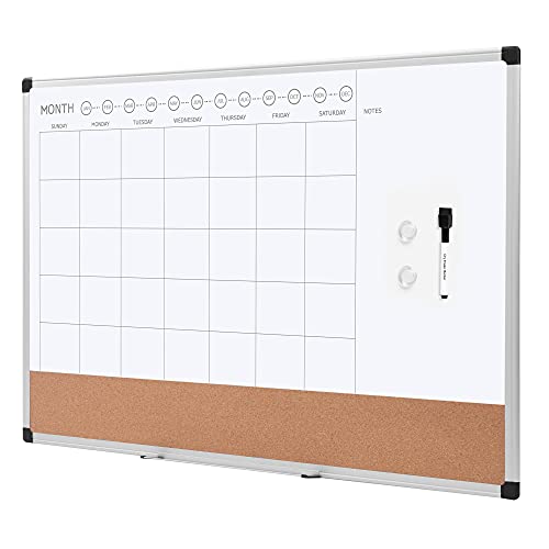 Amazon Basics 24" x 36" Monthly Whiteboard Calendar with Cork Board, Wall Mounted, Easy to Install, Silver Aluminum Frame