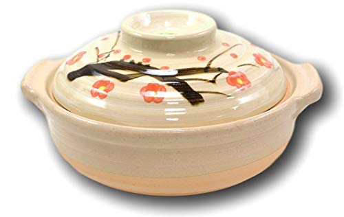 Ebros Made In Japan Traditional Cherry Blossom Sakura Japanese Family Cooking Style Donabe Stoneware Direct Flame Hot Pot Or Clay Pot Casserole With Lid Cover 90 OZ Microwave Oven Safe