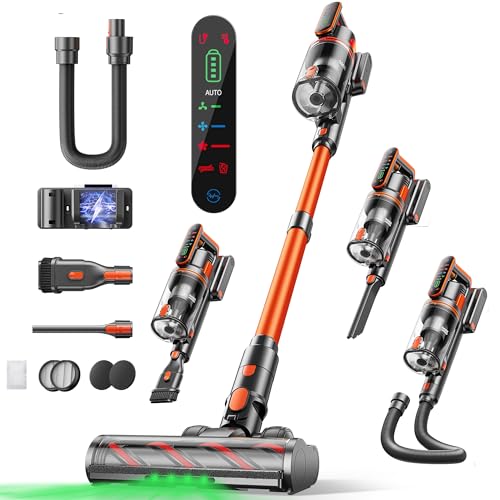 Fieety Cordless Vacuum Cleaner, 550W/45KPa/60Min Runtime Stick Vacuum with 3.3Ft Hose, Wall Mount Charging, Auto Mode, Touchscreen, Self-Standing Vacuum Cleaner for Home/Pet Hair/Carpet/Car, Fragrance
