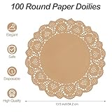 MCEAST 100 Pack Round Brown Kraft Paper Doilies 13.5 Inches Lace Paper Place Mats Rustic Scallop Doily Disposable Paper Table Pads for Food Cakes Crafts Party Weddings Tableware Decor