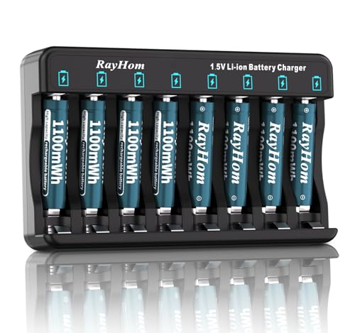 RayHom Rechargeable AAA Lithium Batteries with Charger, 8Pack Li-ion Triple a Battery, 1.5V 1100 mWh High Capacity, Cycle Times Over 1000+