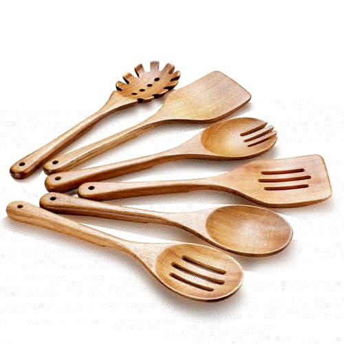 ROSOS Wooden Cooking Utensils, 6 Pieces Natural Acacia Wooden Spoons For Cooking with Non Stick & Heat Resistant Design, Wooden Kitchen Utensil Set with Hanging Hole for Stirring, Mixing, Cooking