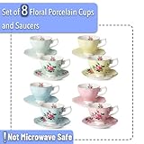 BTaT- Floral Tea Cups and Saucers, Set of 8 (8 oz), Multi-Color with Gold Trim, Coffee Cups, Floral Tea Cup Set, British Tea Cups, Porcelain Tea Set, Tea Sets for Women, Latte Cups