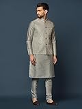 KISAH Men's Kurta Jacket Elastic Churidar Set, Silk Blend, Woven Design Regular Fit Mandarin Collar | Mens Ethnic Wear, Silver1-40