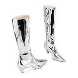 Tupakei Women's Silver Metallic Knee High Boots Pointed Toe Kitten Heel Booties Low Heel Go-go Dress Booties, 7