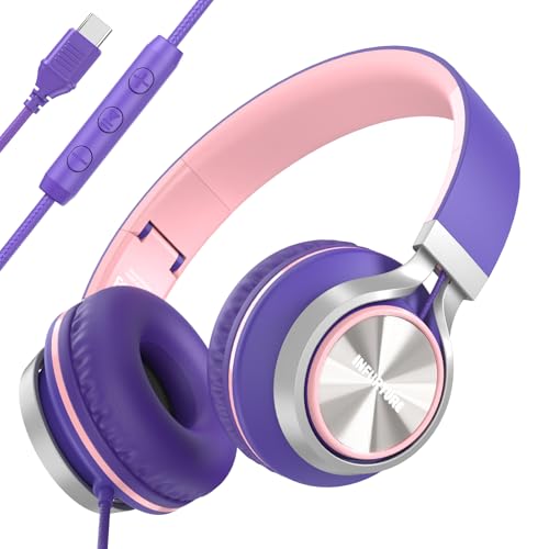 USB C Wired Headphones with Mic & Volume Control,Type C Tangle-Free Plaiting Line,Over/On-Ear Headphones for women/Teens,Lightweight Foldable for Smartphone,Tablet,Iphone 16/15 series（Pink-purple）