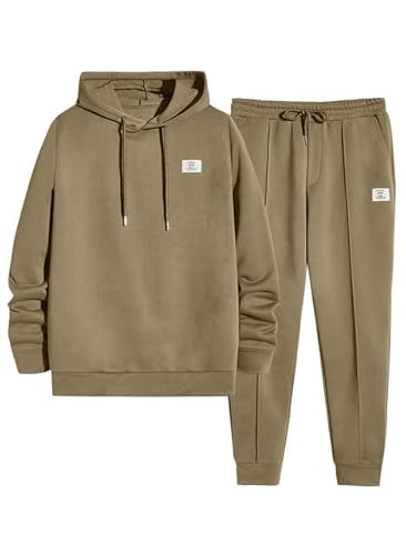 JMIERR Sweatsuits for Men Set 2 Piece Airport Outfits Long Sleeve Drawstring Hoodie Sweatshirt & Joggers Sweatpants with Pockets, Fall Tracksuit Matching Lounge Sets, Large, Khaki