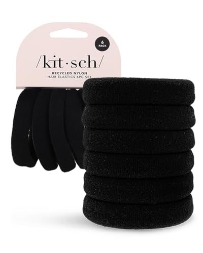Kitsch Black Hair Ties No Damage - Strong, Stretchy Hair Bands | Soft Nylon Ponytail Holders, Snag-Free Rubber Bands, Perfect for Updos & Braids - Black, 6pcs