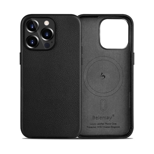 Belemay Compatible with iPhone 12 Pro/iPhone 12 Leather Case, Compatible with MagSafe - Luxury & Durable Tumbled Leather - Distinctive Texture - Metal Buttons & Lens Protector (6.1-inch) - Black