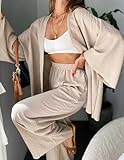 ZAFUL Women 2 Pieces Pants Set Loose Fit Outfits Casual Linen Cardigen Wide Leg Lounge Sets