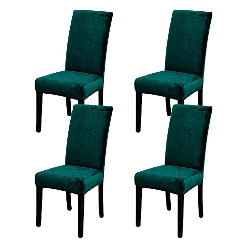 LIPOR Set of 4 Chair Covers for Dining Room Soft Thick Velvet Stretch Parsons Chair Slipcovers Home Farmhouse Decor Washable Removable Chair Protector for Banquet Hotel Ceremony (4, Dark Green)