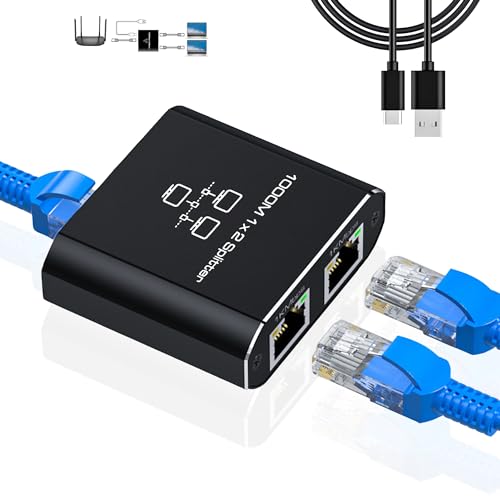 LIEZHUA Gigabit Ethernet Splitter 1 to 2 - Network Splitter with USB Power Cable, RJ45 Internet Adapter 1000Mbps High Speed for Cat 5/5e/6/7/8 Cable [2 Devices Networked Simultaneously]