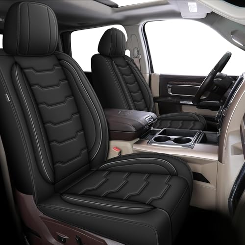 RAWAKORW Seat Covers Fit for Dodge RAM 2002-2024 2025: Leather Car Seat Covers Waterproof for RAM 1500 2500 3500 Truck Pickup Crew Quad Cab with Split Bench (Black, Full Set Curved Back)