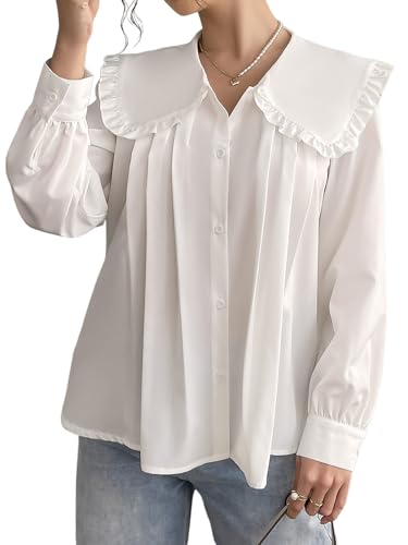 GORGLITTER Women's Peter Pan Collar Shirt Blouse Long Sleeve Ruffle Large Doll Collar Button Shirt Tops Trendy 2025 White Large