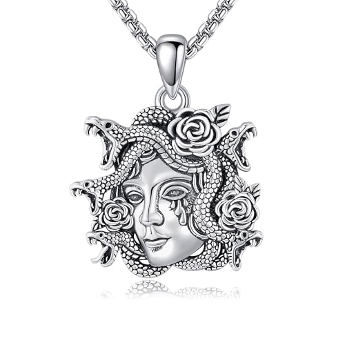 AXOMY Medusa Necklace 925 Sterling Silver Goth Snake Rose Pendant Necklace Gothic Myth Medusa Jewelry Mothers Gifts for Women Mom Grandma