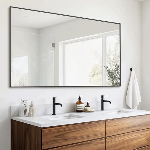 Antok Bathroom Mirror, 50"x30" Wall Mirror, Decorative Mirrors Vanity Mirror Aluminum Alloy Frame Contemporary Rectangular Hanging Mirror for Living Room Bathroom Entryway,Black,Rect Corner