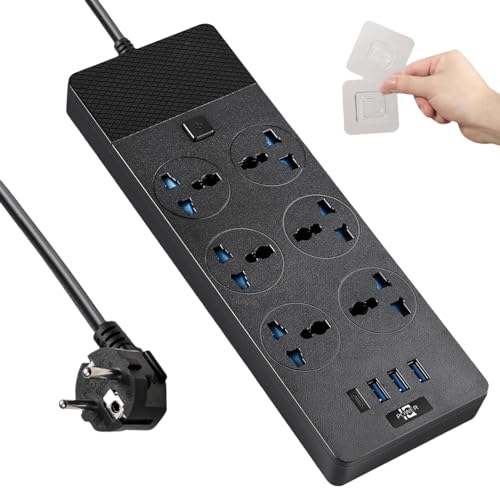 European Power Strip, Jumpso Universal Power Strip with 6 AC Outlets and 4 USB Ports, 110-240v, 3000w 6ft Extension Cord with EU Plug, Outlet Extender Plug Adapter for Overseas Travel Essentials