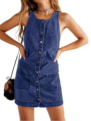Yousify Womens Casual Sleeveless Denim Dresses Button Down Summer Jean Mini Dress 2025 Trendy Overalls with Pockets Navy