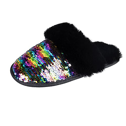 Jessica Simpson Women's Comfy Faux Fur House Slipper Scuff Memory Foam Slip on Anti-Skid Sole, Multicolor Sequin, Large