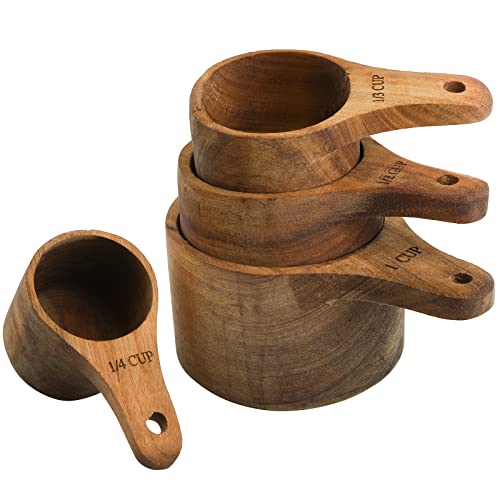 Lyellfe Set of 4 Acacia Wood Measuring Cups, Stackable Kitchen Measure Tool with Handle, Baking and Cooking Measuring Set, Handcrafted with Polish Finish, 4 Size