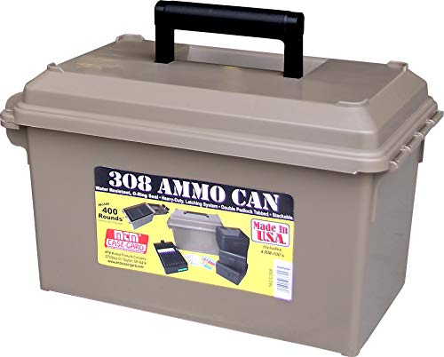 MTM ACC308 308-Caliber Ammo Can with 4 RM-100 Boxes, Holds 400 rounds, Rugged polypropylene plastic, Water-resistant seal, latching system, Double padlock tapped for security, Dark Earth