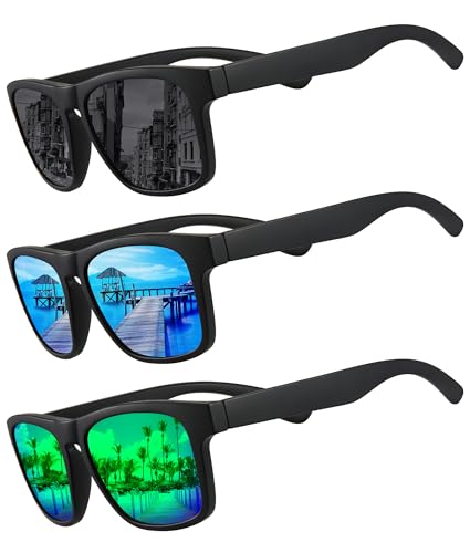 MEETSUN Polarized Sunglasses For Men Women UV Protection Square Frame Sport Fishing Driving Sunglasses (3 Pack) Black/Ice blue/Green