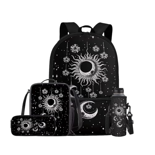 ELEDIZI Gothic Sun Moon Stars Backpack for Girls Kids Backpack with Lunch Box Water Bottle Holder and Soft Pencil Case 4PCS Set Bookbag with Front Pocket for School 17 inch Large Capacity School Bag